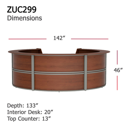 Linea Italia Reception Desk, 11.1 ft D, 11.8 ft W, 46 in H, Cherry, Thermofused Laminate ZUC299